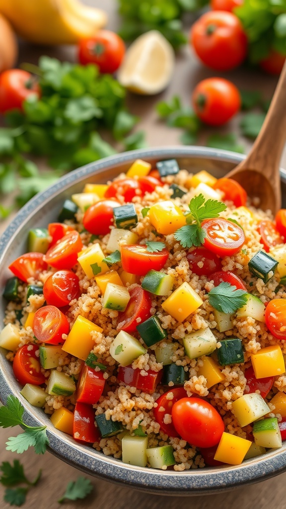 A colorful quinoa salad with cherry tomatoes, cucumber, bell peppers, and parsley in a rustic bowl.